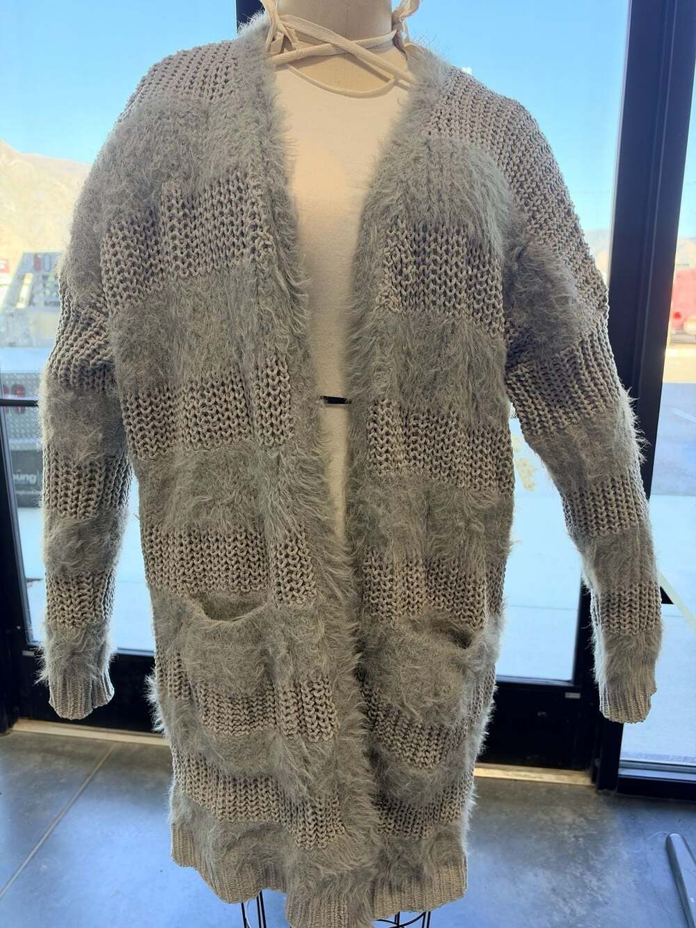 Open Front Cardigan Sweater Size L Gray Faux Fur Knit Duster Jacket